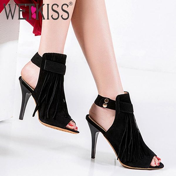 

dress shoes wetkiss gladiator sandals women summer high heels peep toe slingback female fashion tassel ladies 2021, Black