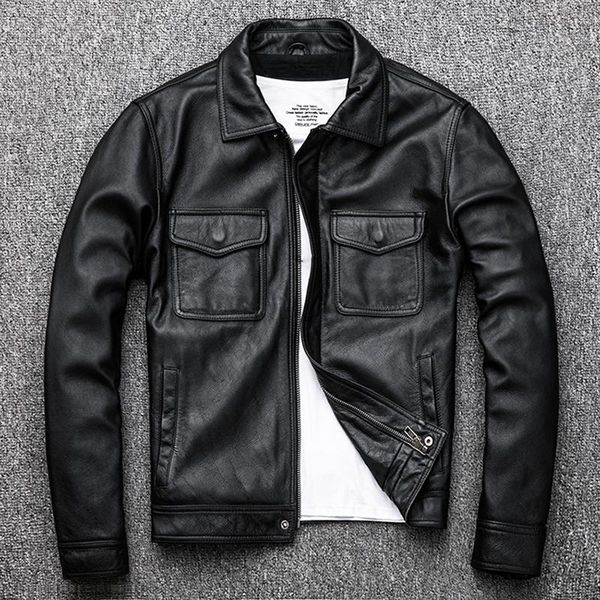 

men's leather & faux genuine cowhide vintage turn down collar black motorcycle jacket zipper brand slim fit autumn winter coats