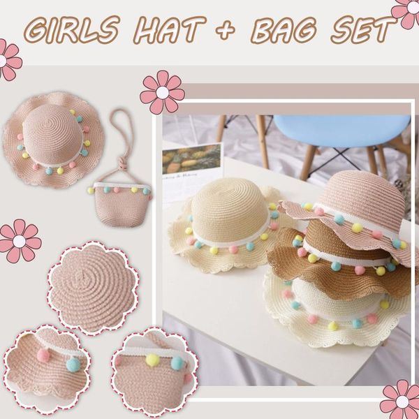 Chapéus Chapéus Criança Boné Criança Criança Meninas Beadball Beach Sun Chapéu com Saco De Ombro Verão Set para Crianças Casquette Enfant