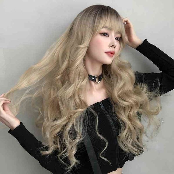 

women's wave golden big wind long curly hair air bangs full headgear, Black