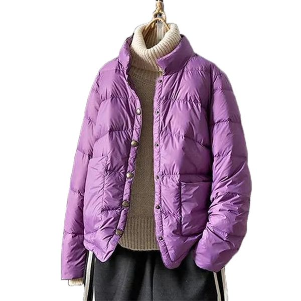 

women down jacket thin spring autumn coat white duck ladies short stand-up collar loose 210817, Black