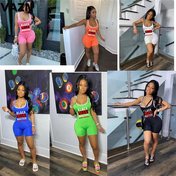 

women's jumpsuits & rompers vazn 2021 summer lady 6 colors playsuit sleeveless waistcoat letters skinny young girl streetwear, Black;white