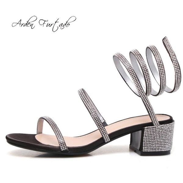

dress shoes arden furtado summer 2021 fashion women's chunky heels 4cm black silver crystal rhinesone narrow band sandals
