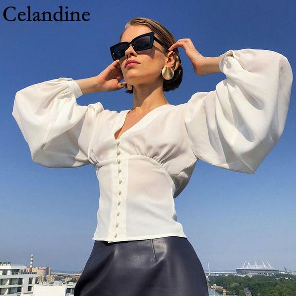 

celandine white v neck long lantern sleeve shirt women khaki button elegant blouse ladies casual crop spring autumn 2021 women's blous