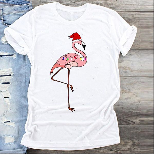 

cartoon flamingo elegant short sleeve women merry christmas print clothes graphic ladies female tshirts tee, White