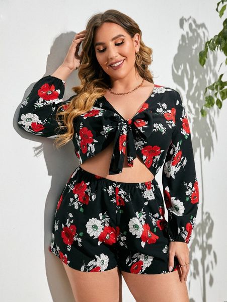 

plus floral print knot front cut out romper o3ah#, Black
