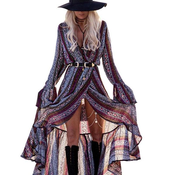 

casual dresses 2021 women summer dress tropical floral printed ankle-length bohemian deep v neck flare sleeve beach c2442, Black;gray
