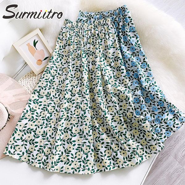 

skirts surmiitro 2021 spring summer cotton midi long skirt women korean style sweet floral print high waist mid-length female, Black