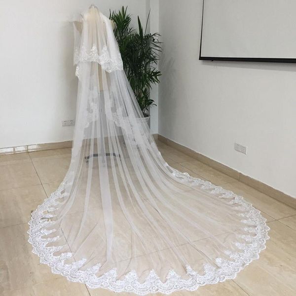 

bridal veils white ivory bride two layers 4m mantilla velo cathedral long lace edge wedding veil with comb accessories, Black