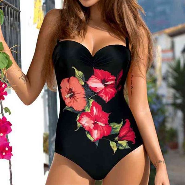 

one piece swimsuit closed large size print swimwear women flower push up swimsuits body female beach bathing suit xxl 210407