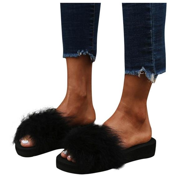 

slippers women's fur outer wear fashionable flip flops ladies luxury sandals shoes furry flip-flops wedge platform, Black