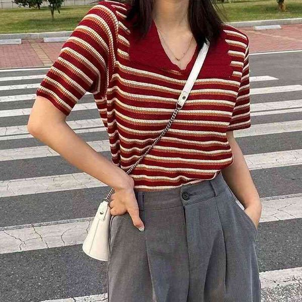 

women's t-shirt summer striped women cotton oversize v-neck knitted plain tees harajuku street casual female clothes 48js, White