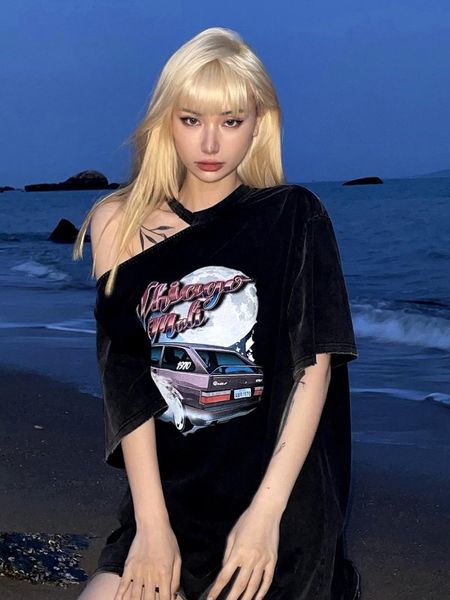

women's t-shirt women short sleeve t shirts oversized anime print hip hop loose korean style all match students gothic off-the-shoulder, White