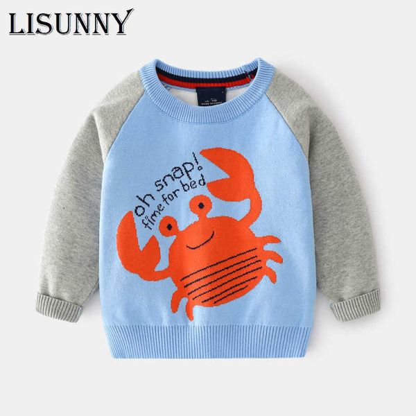 

kids sweater boys knitted pullover 2021 autumn winter children clothing cartoon fashion crab cotton toddler baby sweaters 2t-7t y1024, Blue