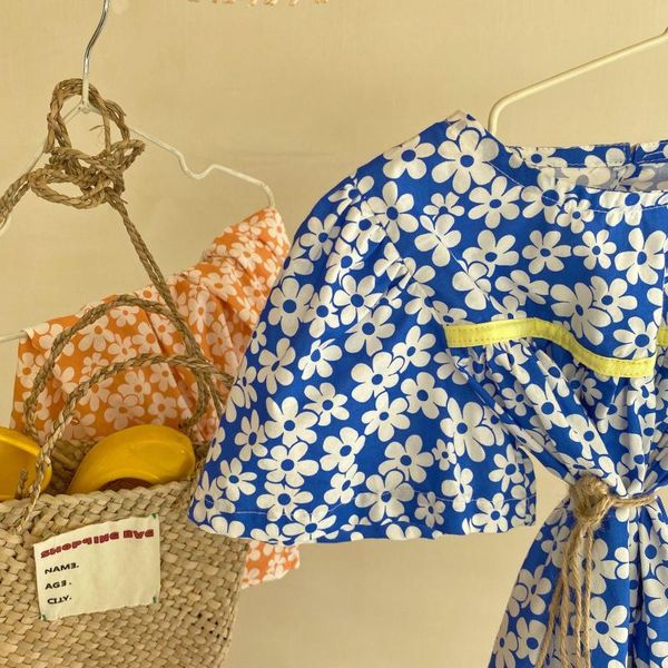 

korea children's clothing 2021 summer girl's floral contrast cotton cute short sleeve dress dresses, Red;yellow