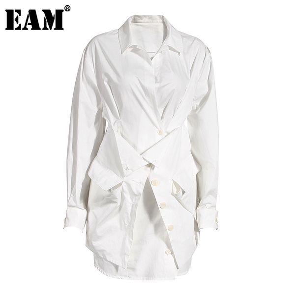 

[eam] women white cross stitch irregular blouse lapel long sleeve loose fit shirt fashion spring autumn 1x021 210512