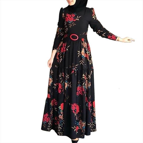 

muslim abaya ethnic floral print women dresses belt maxi kaftan robe long sleeve plus size, Black;gray
