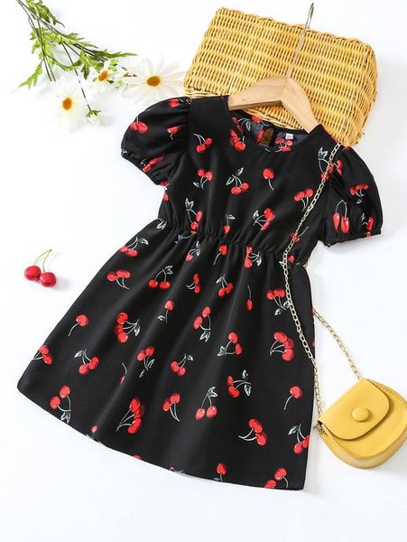 

toddler girls cherry print puff sleeve dress she, Red;yellow