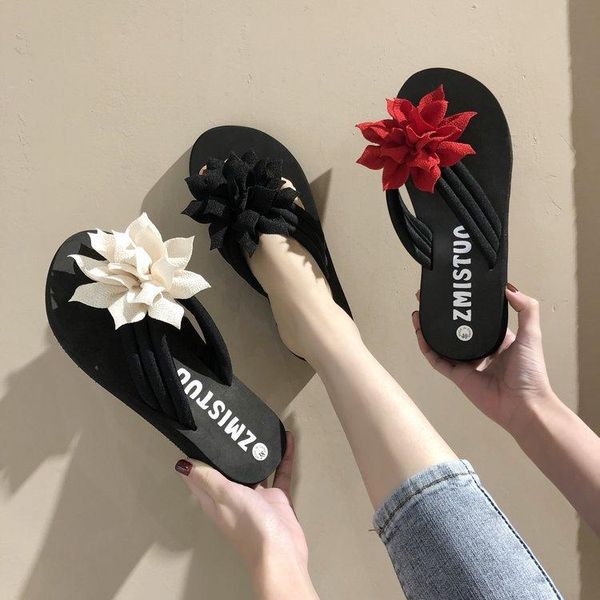 

women's sandals style summer wear fashion slippers clip foot stall shoes female student korean flower, Black