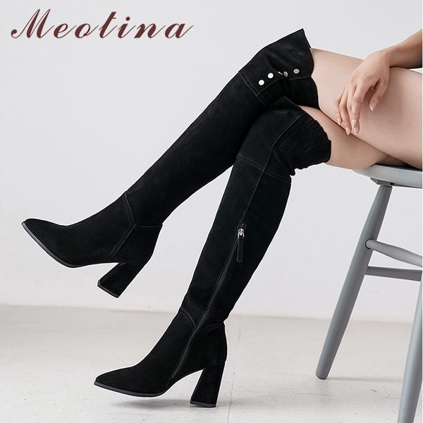 

meotina winter thigh high boots women cow suede thick heel over the knee boots zipper super high heel shoes lady autumn size 39 210520, Black
