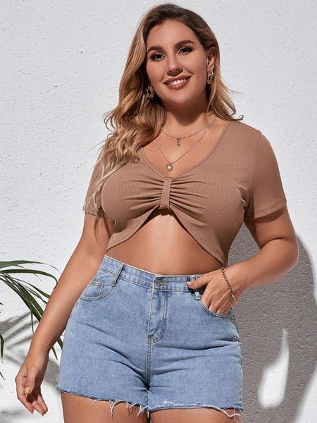 

plus size t-shirt 4xl crop women 2021 fashion summer v neck short sleeve large clothing, Black