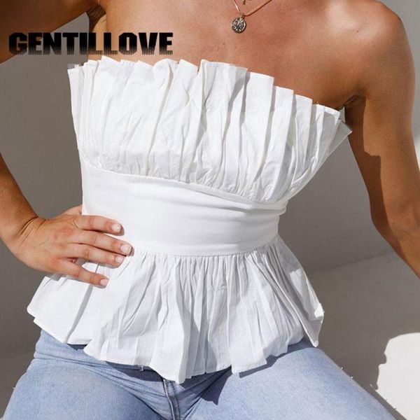 

casual one-line neck pleated off shoulder women ruffles vest female ruched slim fit y2k tube streetwear women's t-shirt, White