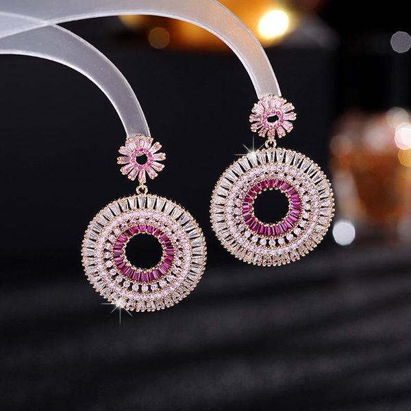 

hoop & huggie european and american sweet exaggerated retro blue heavy gradient pink zircon rainbow earrings, Golden;silver