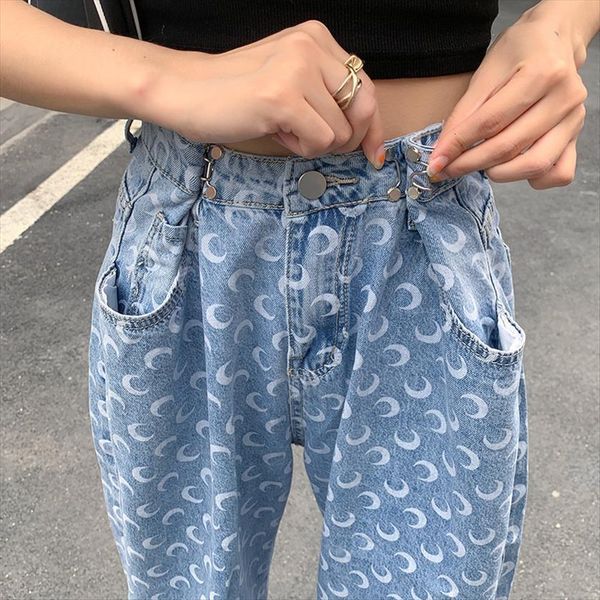 

aesthetic crescent pattern straight womens jeans wide leg pants high waist loose buckle denim trousers y2k grunge clothes female, Blue