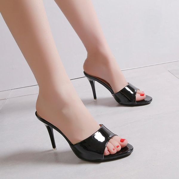 

slippers ultra-fine high-heeled women's round-toe patent leather one-step shoes summer sandals glossy, Black