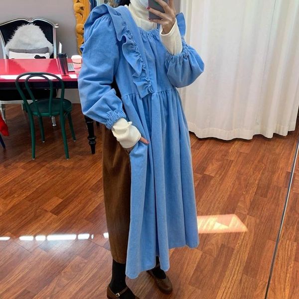 

casual dresses [ewq] 2021 autumn female sweet square collar patchwork pleated long sleeve minimalist loose a-line dress 8q098, Black;gray