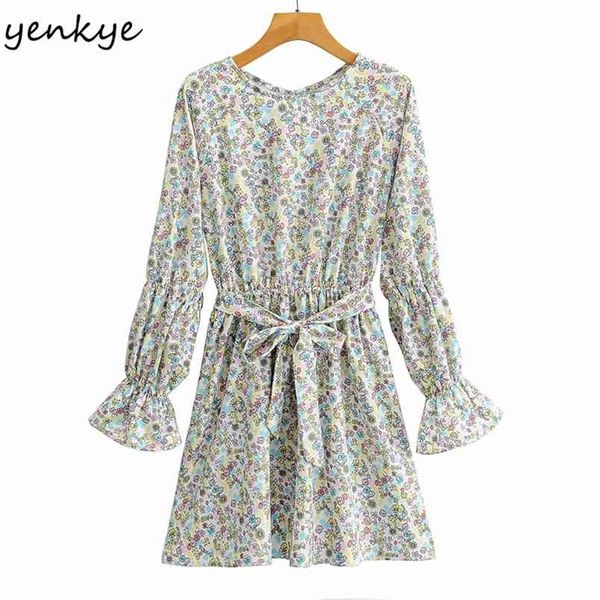 Sexy Backless Sweet Floral Print Dress Mujeres O Neck manga larga con cinturón A-line Mujer Plus Size Summer Vestido 210514