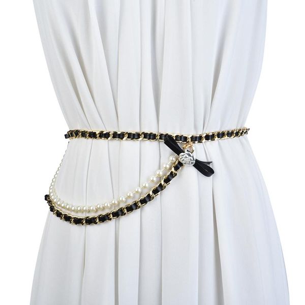

belts korean version all kinds of waist chain women small fragrance metal multi pearl belt decoration women's with sk, Black;brown