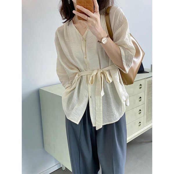 

women's blouses & shirts solid casual loose single breasted women 2021 temperament lace up v-neck female simple all-match woman, White