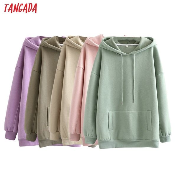 

tangada autumn winter women fleece cotton hoodie sweatshirts oversize ladies pullovers pocket hooded jacket sd60-1 210721, Black
