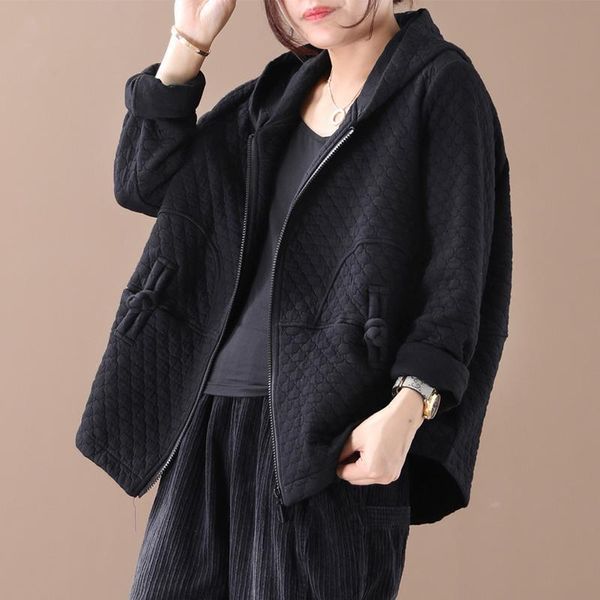 

women's jackets autumn arts style women long sleeve loose hooded coats vintage button cotton female casual clothes big size s382, Black;brown