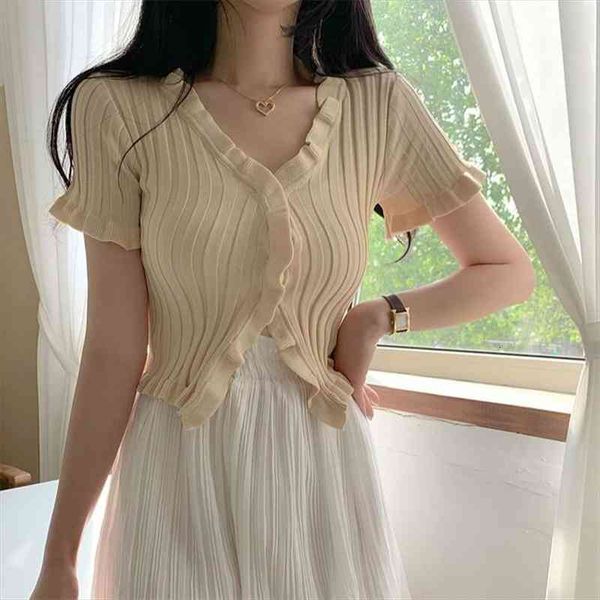 

korean style summer casual short sleeve ruffles cardigan women open buttons v neck cropped sweater sueters de mujer, White;black