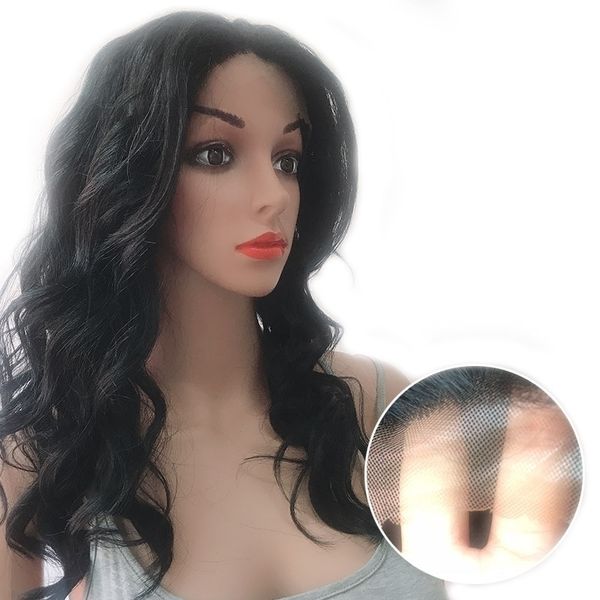 

long wig curly medium front lace hand woven net human hair wig girl, Black