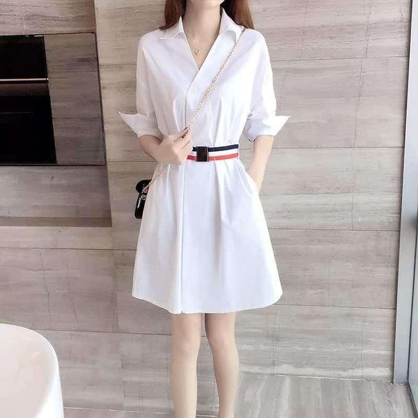 

casual dresses women's spring/summer dress 2021 white fashion v-neck shirt temperament waist-controlled slimming a- line, Black;gray
