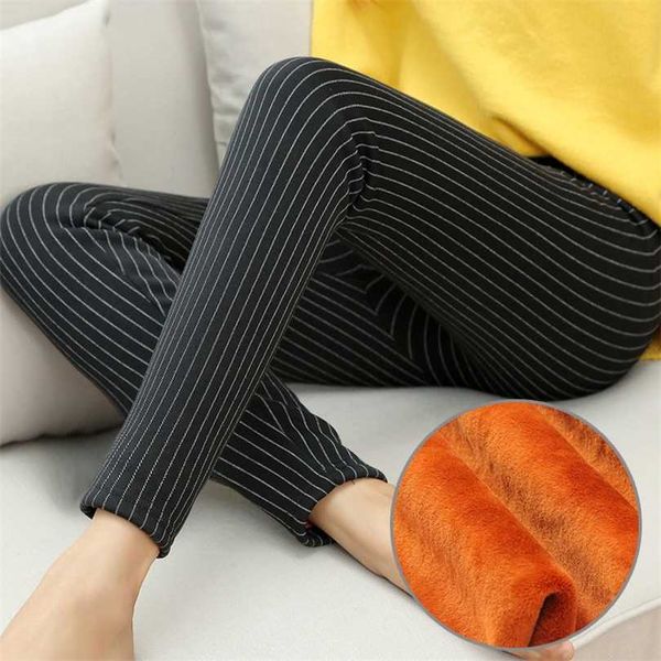 

winter warm leggings for women high waist stretch striped printed pencil pants thicken skinny female trousers p8615 211218, Black