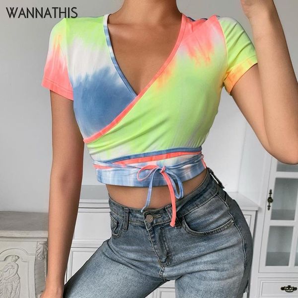 

wannathis tie dye print v-neck short sleeve cropped t-shirts women waist lace up crop casual summer lady 2021 women's t-shirt, White