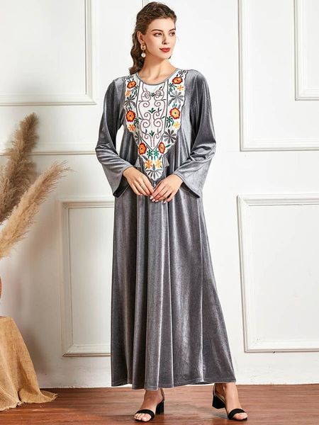 

muslim dress women fashion gray velvet flowers embroidery long-sleeved abaya turkey arabia dubai long dresses ethnic clothing, Red