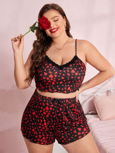 

plus confetti heart print lace trim pj set l0ks#, Black;white