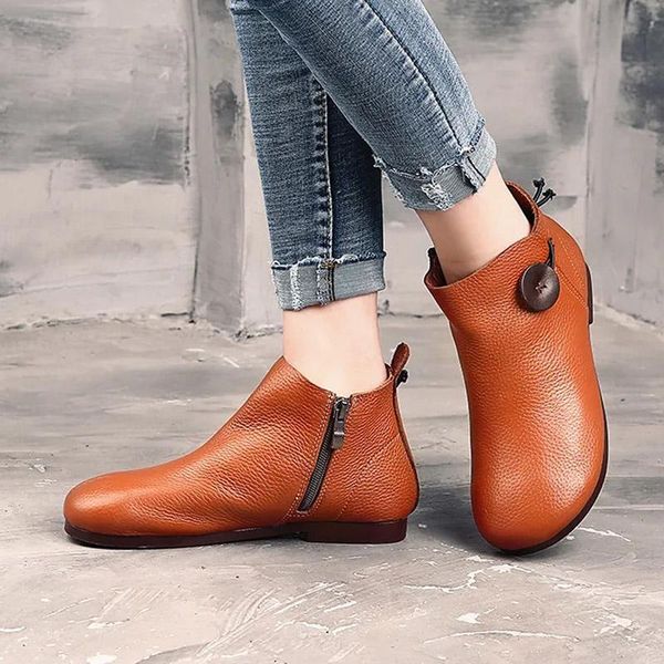 

boots retro short female flat bottom tube literary zipper round head soft leather casual single, Black