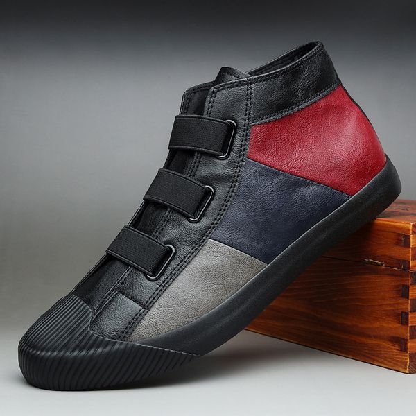 

new spring fashion men leather casual shoes slip-on high loafers patchwrok color leisure flat shoes, Black