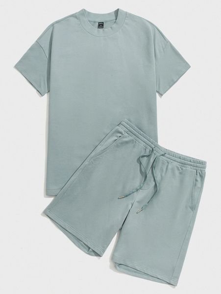 

men drop shoulder tee & drawstring waist shorts 997s#, Gray