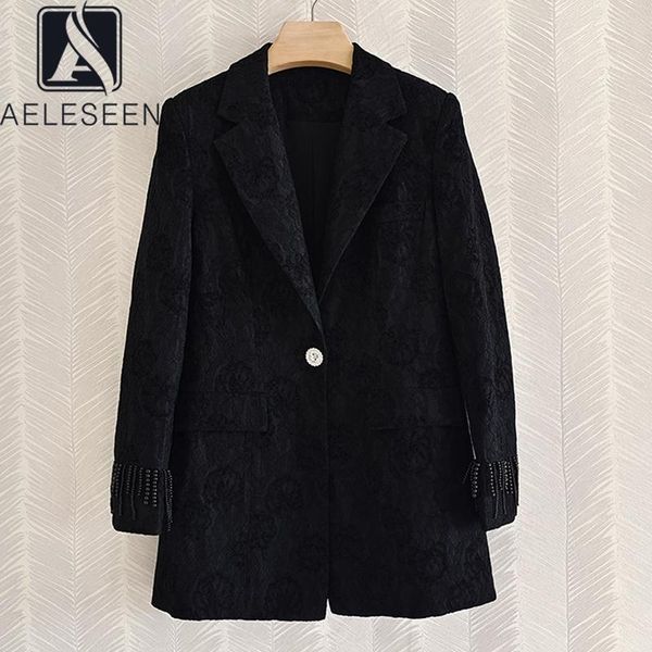 

women's suits & blazers aeleseen black blazer spring autumn flower jacquard beading tassel diamonds crystal elegant, White;black