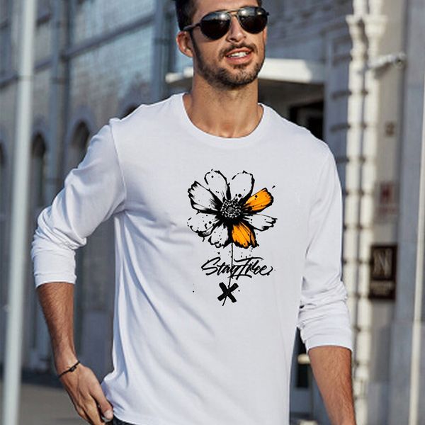 

long sve t-shirt men's autumn new round neck cotton t-shirt casual men's wear p9po, White;black