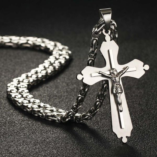 

pendant necklaces men's fashion jewelry crucifix jesus piece catholic cross necklaces&pendants stainless steel byzantine 22-28" ch, Silver