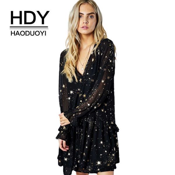 HDY Haoduoyi Space Star Moon V-образным вырезом печати платье черные длинные бабочки рукава вечеринка платья свободных Vestidos весна лето Q190522