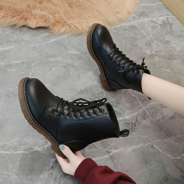 

boots lace up women's rubber autumn shoes flat heel round toe luxury designer boots-women rain rock low sports ladies fashion 20, Black